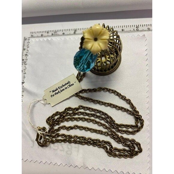 Parklane Birdcage Necklace 30" Long with Turquoise Blue Crystal and White Flower - Picture 6 of 7